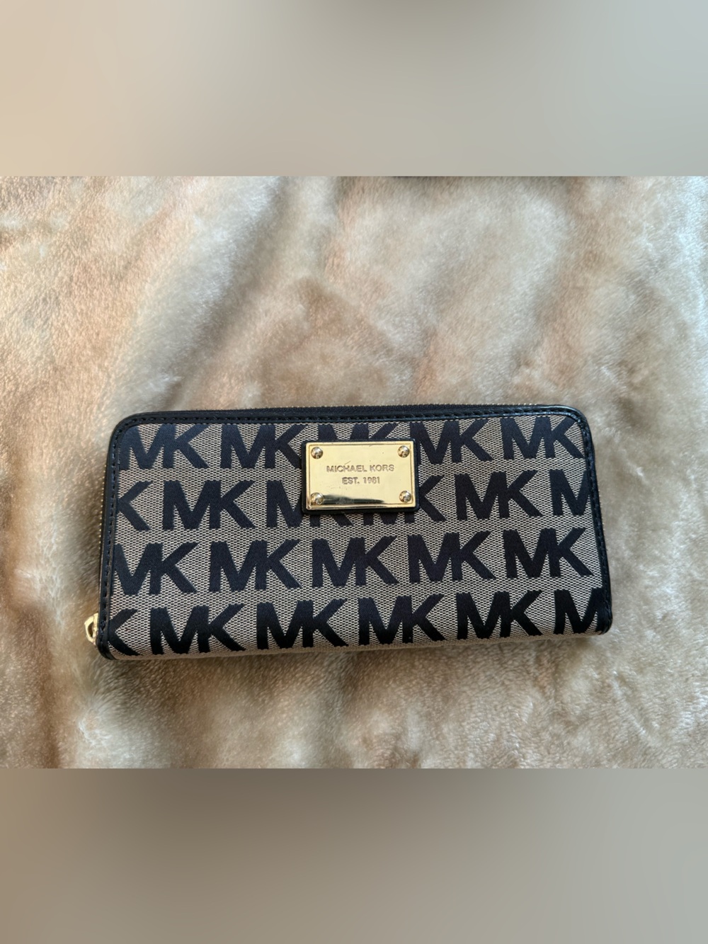 Michael Kors Beige and Black MK Logo Zip Around Wallet